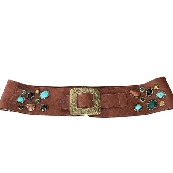 Leatherock Brown Leather Wide Made in Italy Stone Gild Buckle Belt size large - Picture 1 of 10